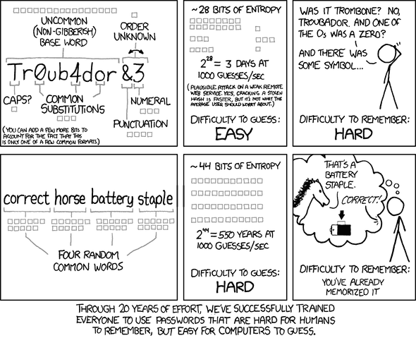 This is an XKCD comic which humorously talks about the fact that typical passwords (e.g. Tr0ub4dor) are both harder to remember and also less secure than passwords which consist of a string of random words (e.g. correct-horse-battery-staple).